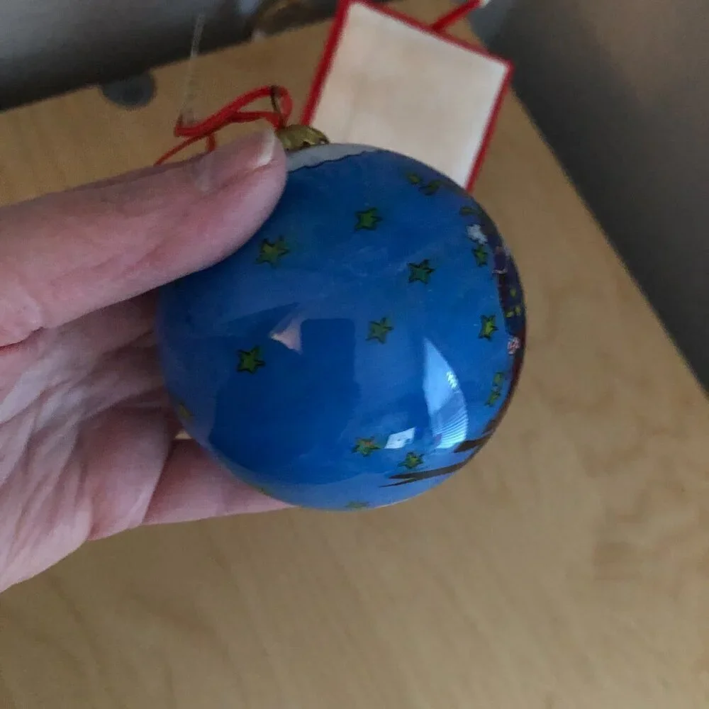 Vintage Bien Hand Painted Santa Sleigh Reindeer 1990's Christmas Glass Ornament